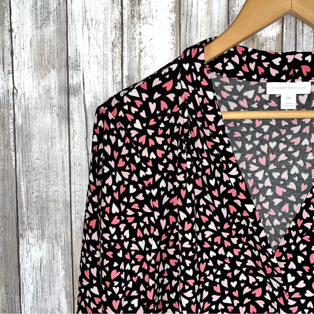 Charter Club Heart Print Blouse XLP Plus Size Black Pink V Neck 3/4 Sleeve Top - Picture 3 of 6